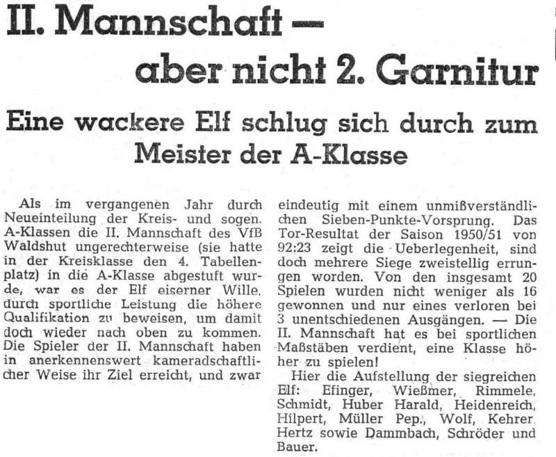 Zeitungsbericht zumAufstieg der 2. Mannschaft des VfB in der Saison 1950/51.
