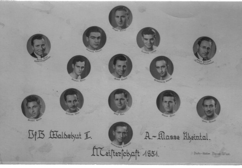  VfB Waldshut 2 - Meister 1951 - A-Klasse Rheintal
1. Reihe oben Mitte: Efinger Walter,
2. Reihe von links: Haas Karl (Abt.Leiter), Wiessmer Richard, Rimmele Lothar, Liebke Reinhard (Betreuer),
3. Reihe von links: Schmid Heinz, Huber Harald, Heidenreich Walter;
4. Reihe von links: Hilpert Heinz, Müller Fritz, Wolf Karl, Kehrer Heinz, Hertz Helmut;
5. Reihe unten Mitte: Dammbach Edmund
